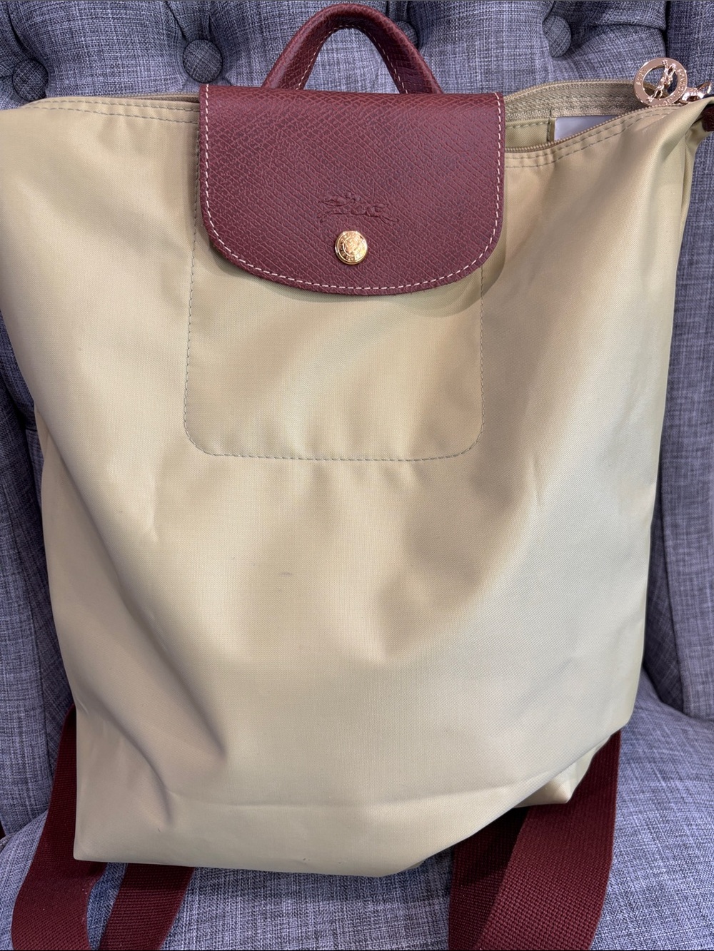 Longchamp Nylon Backpack in light green with Brown Trim
